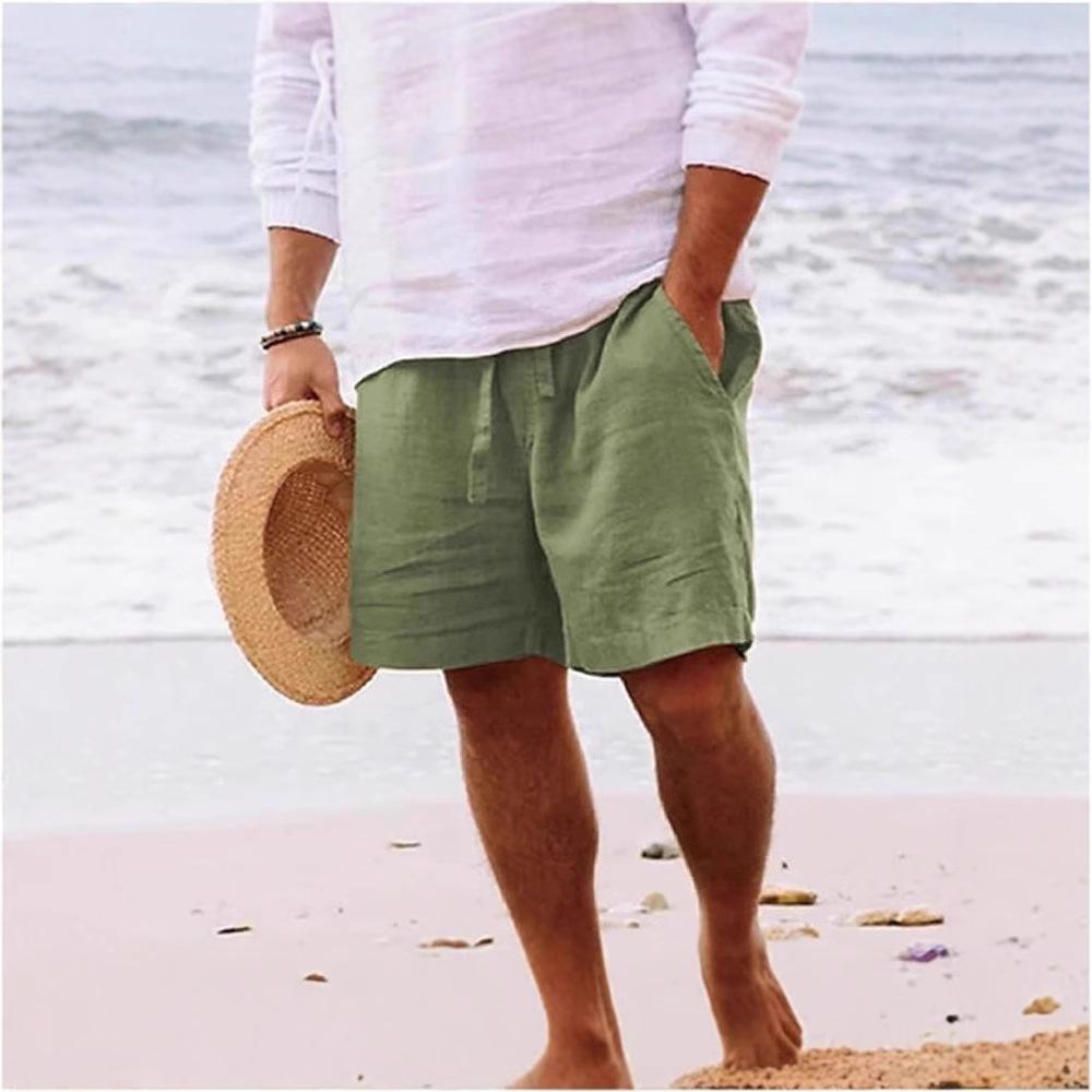 Men's Summer Cotton Linen Pocket Shorts - Breathable, Comfortable Mid-Length Drawstring Casual Beachwear