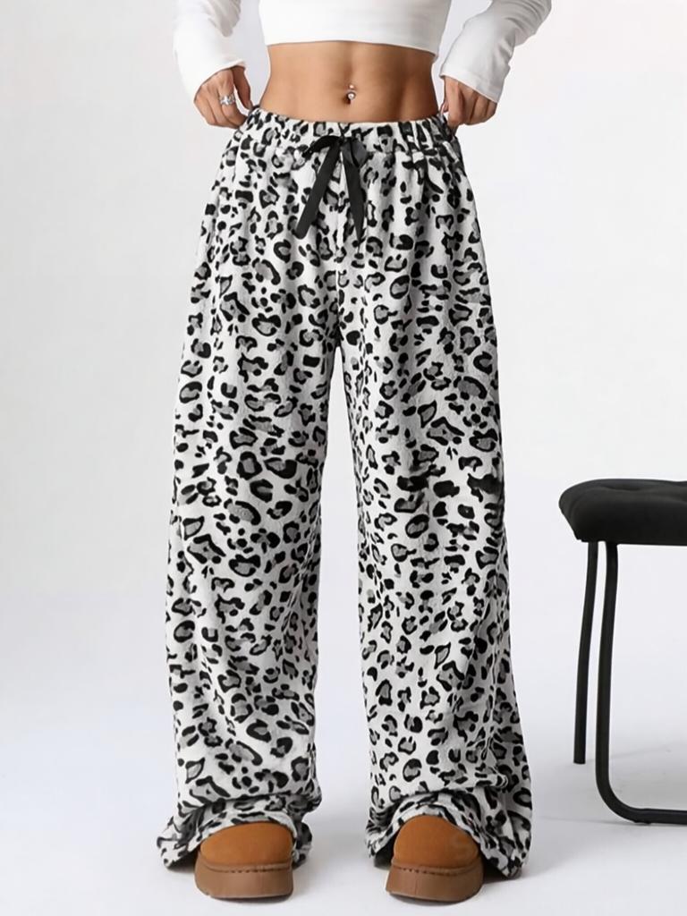 2025 Fall Women All Over Print Elastic High Waist Wide Leg Casual Lounge Pants