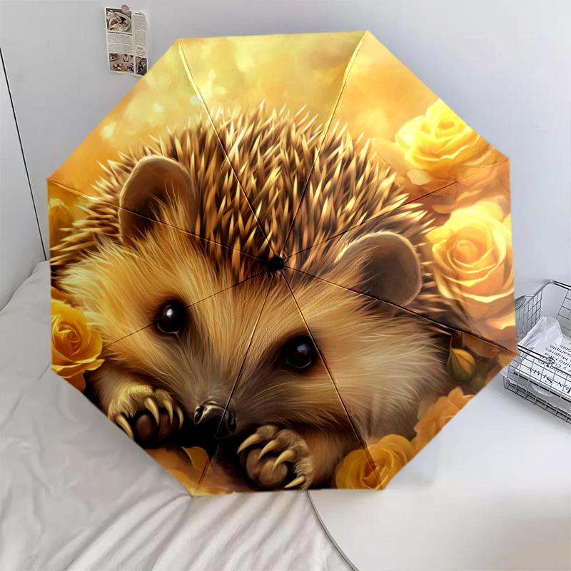 Rose and Hedgehog Pattern, Automatic Folding Umbrella, Portable and Foldable Design, 8 Ribs, a Christmas or Birthday Gift.