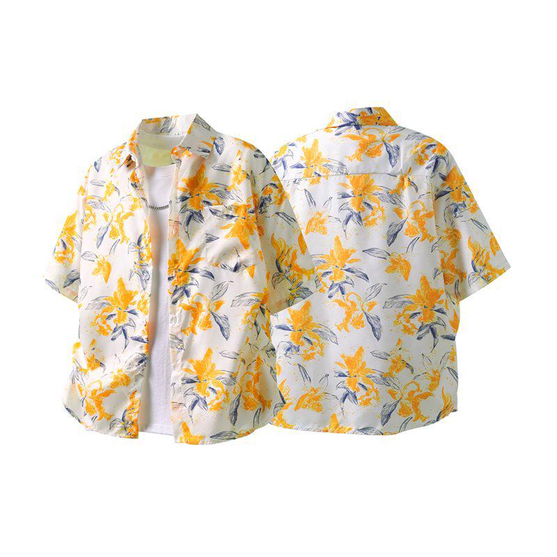 Men's Yellow Floral Print Ice Silk Vacation Shirt - Short Sleeve, Loose Casual Style