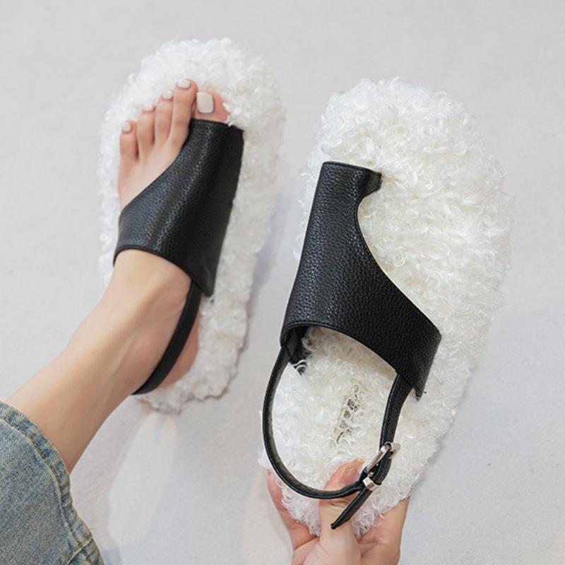 

Fashion Cozy Warm Fluffy Flat Slippers Women Fashion Clip Toe Back Strap Buckle Designer Shoes 42 Plus Size Flip Flops Zapatos De Mujer 35 белый