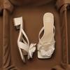 French thick heel pearl square head flower one-word women's outer wear 2025 summer new open-toed versatile medium heel slippers