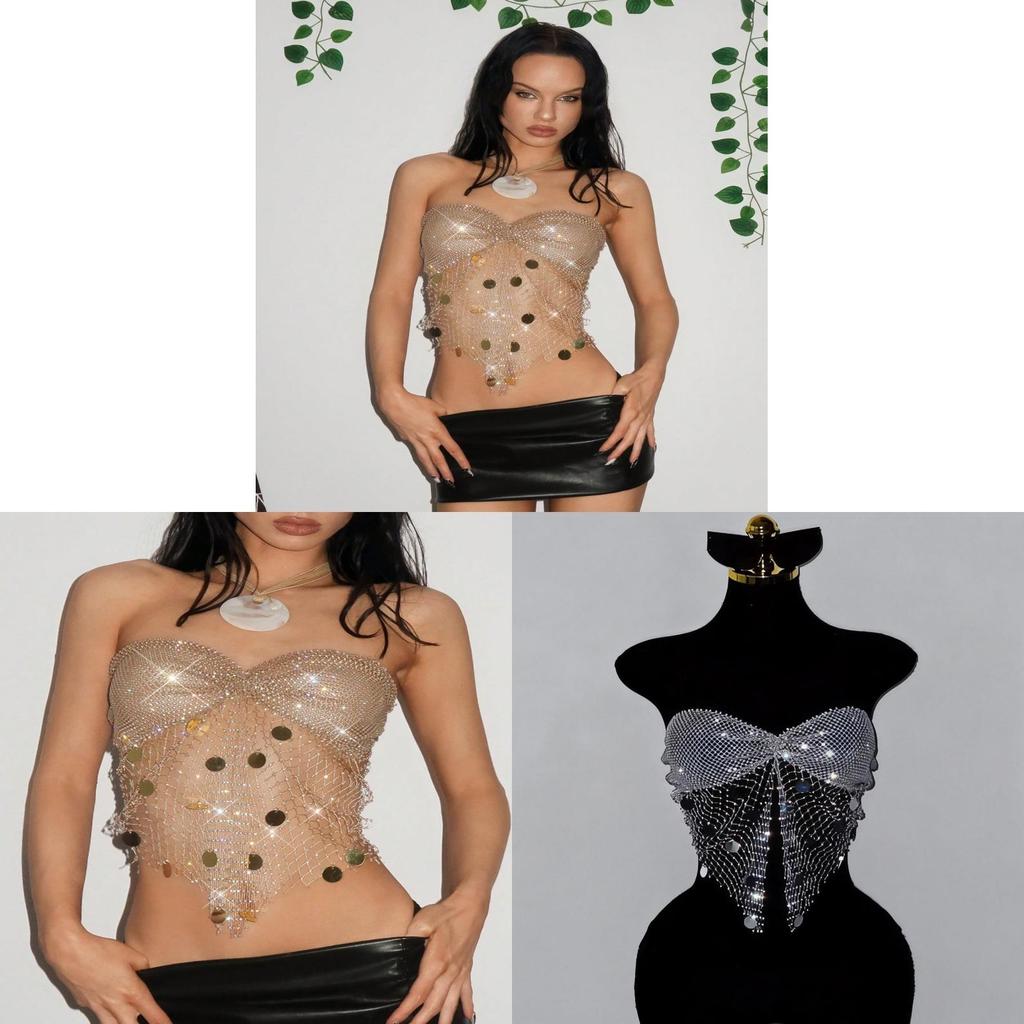 Sexy Mujer Geometric Sequin Mesh Crop Top For Nightclub And Music Festival