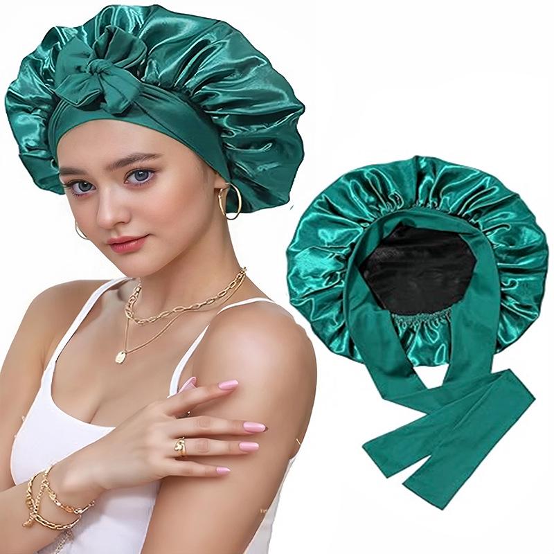 Women's Double-Layer Elastic Satin Sleep Cap - Wide Brim Hair Protection with Bow Ribbon