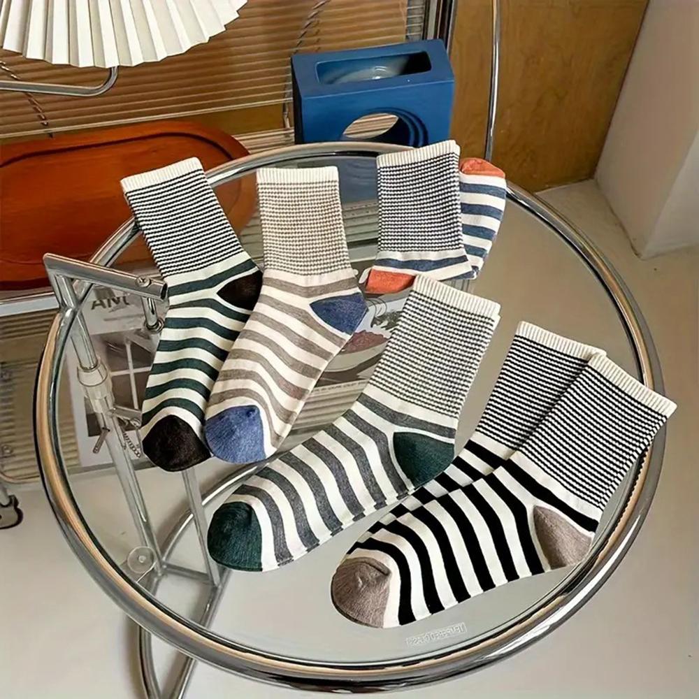 5 Paires Femmes Chaussettes Mi-Tubes Rayées Color Block Mode Rayures Horizontales Confortables Respirantes Décontractées Chaussettes Col Rond