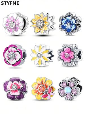 Copper Plated Original Charms Colorful Flowers Beads Fit Bracelet Women'S Jewelry Gift