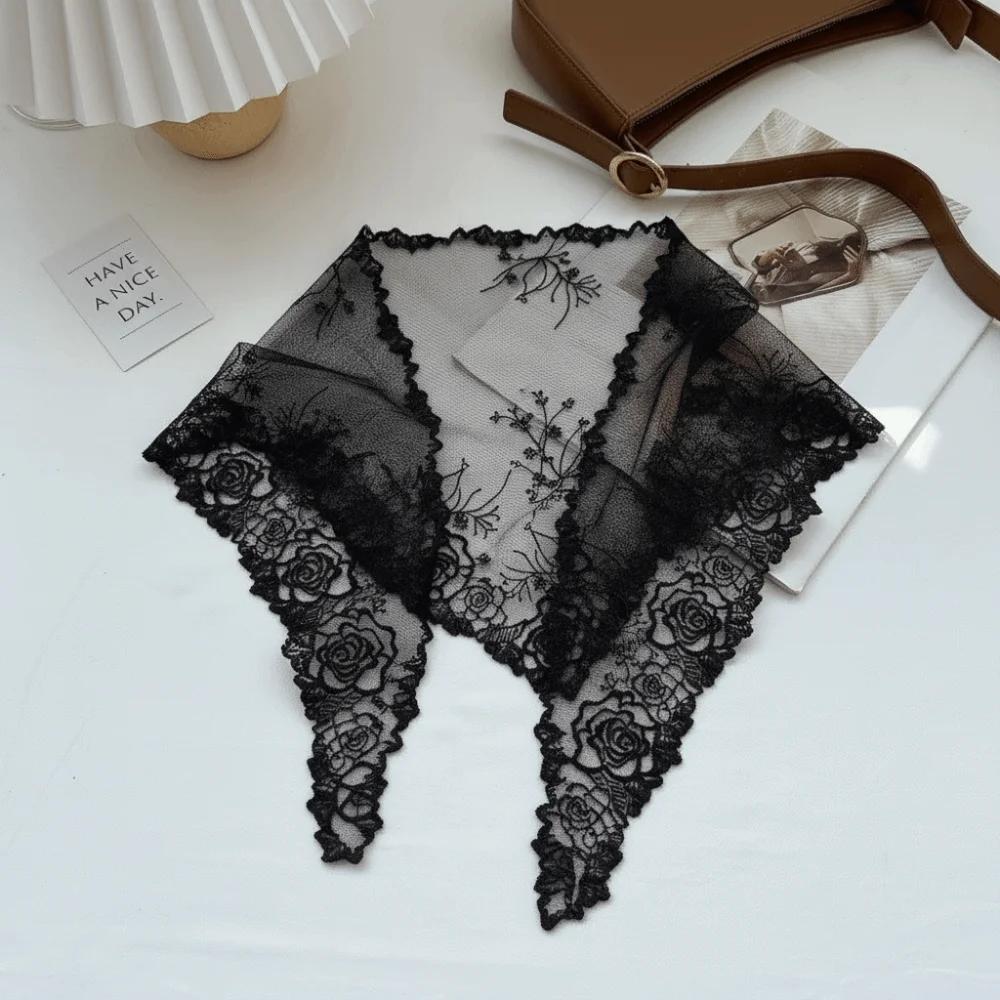 Versatile Elegant Silk Scarf Flower Embroidered Solid Color Triangular Scarf Retro Breathable Lace Scarf for Women
