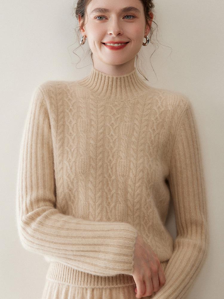 Women's Thick Cable Knit Cashmere Sweater - Half-High Neck, Long Sleeve, Solid Color Loose Fit for Fall and Winter Layering.