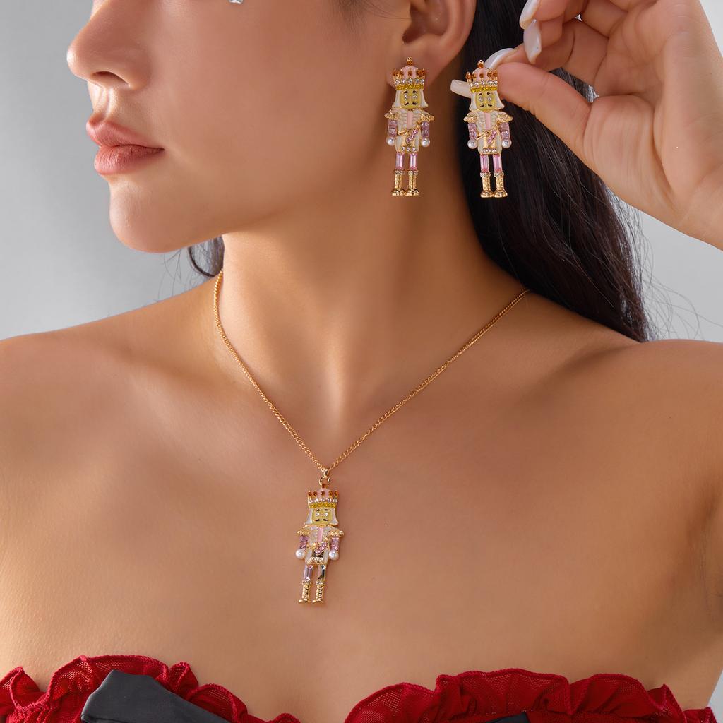 Vintage Soldier King Pendant Earrings Necklace for Women Cute Rhinestone Bells Drop Earring New Year Christmas Jewelry Gift