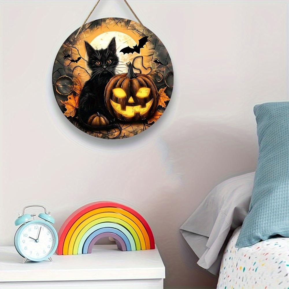 2d Flat 20*20cm, Halloween Home Decoration, Pumpkin Black Cat Wooden Circular Logo, for Home, Kitchen, Garden, Bedroom, Bar Decor.