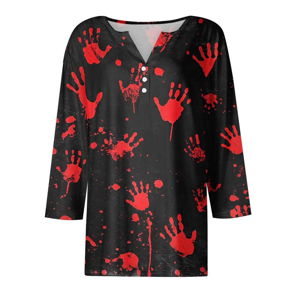 Women's Halloween Print V-Neck Short Sleeve T-Shirt with Decorative Buttons for Casual Fall Outfits