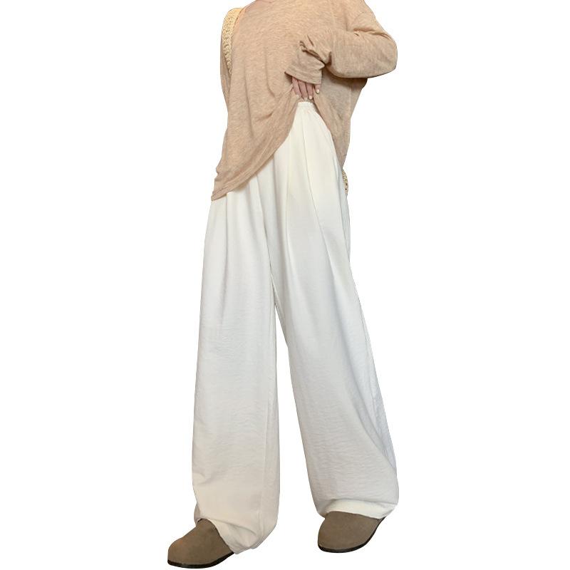 Women's Spring Summer Textured Lazy Style Cream-Colored Casual Versatile Drapey Wide-Leg Trousers