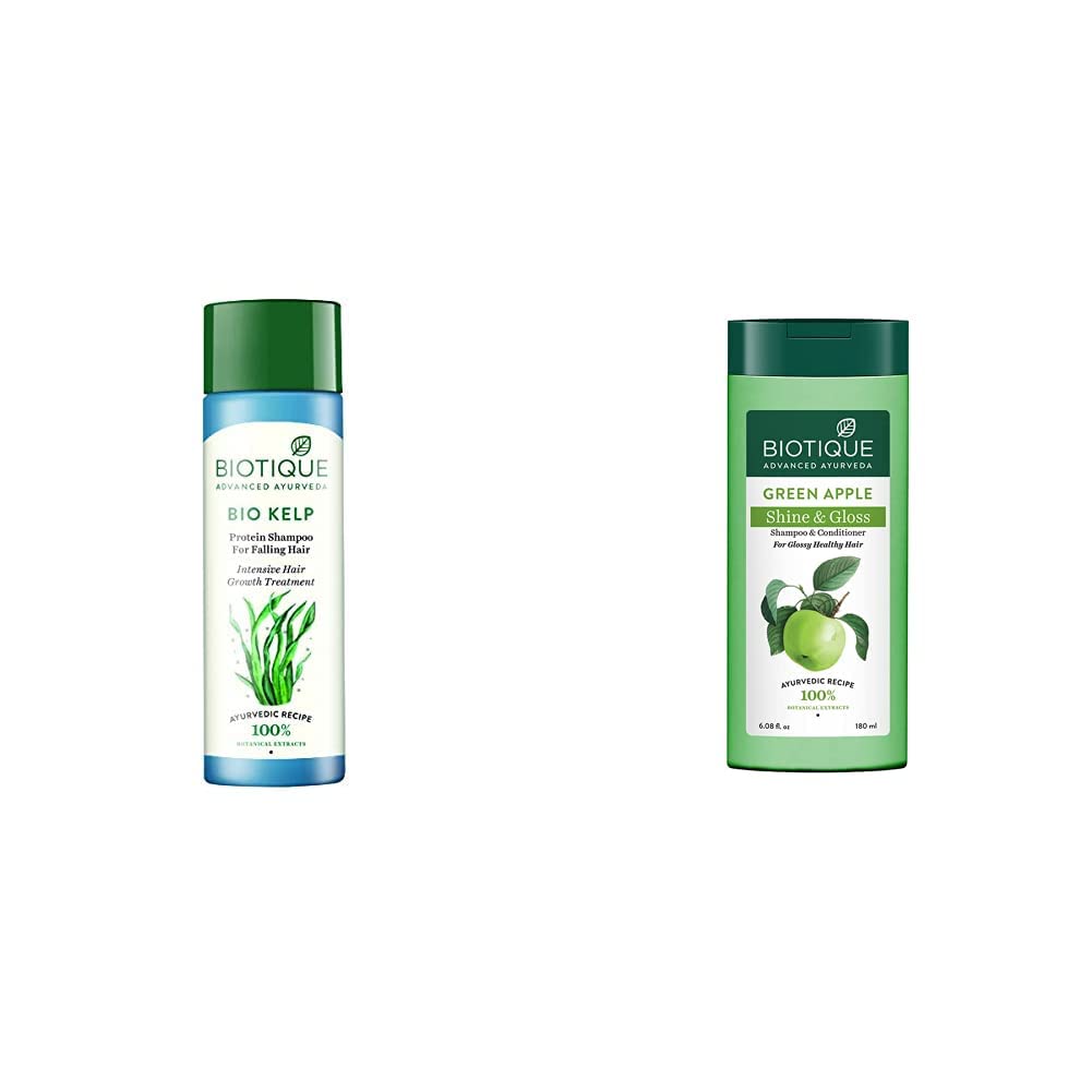 Biotique Bio Kelp Шампунь для свежего роста с протеином, 190 мл и Biotique Bio Green Apple Свежий ежедневный очищающий шампунь и кондиционер для жирной кожи головы и H