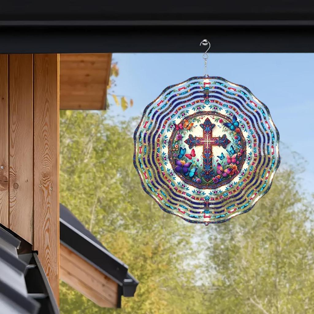 Butterfly Cross Wind Spinner 2D Laser Cut Metal Garden Decor with Floral Design 360 Rotating Hook for Indoor Outdoor Housewarming Gift