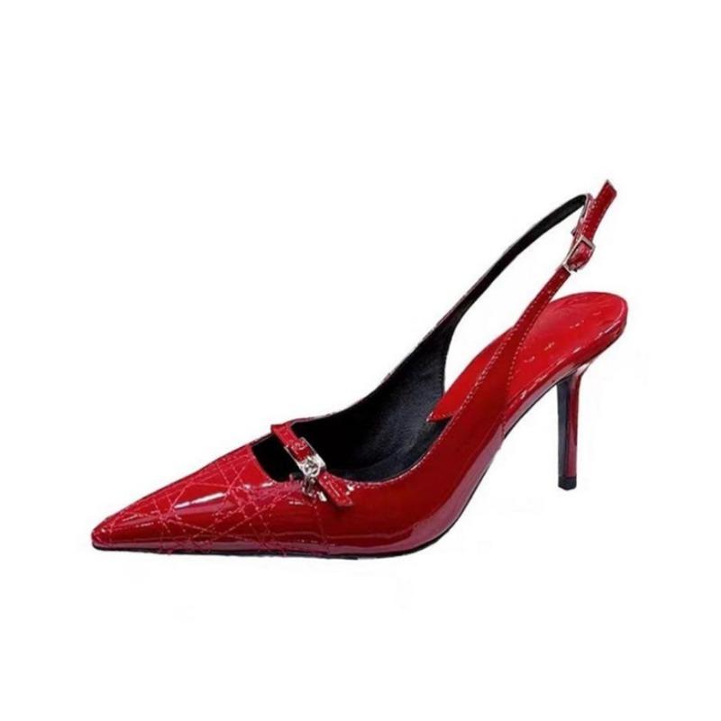 Fashion 2025 New Summer Women's Dress Shoes Patent Leather Slip on Pointed Toe Sandals Buckle Slingbacks Mid Heels Pumps Sandalias Mujer