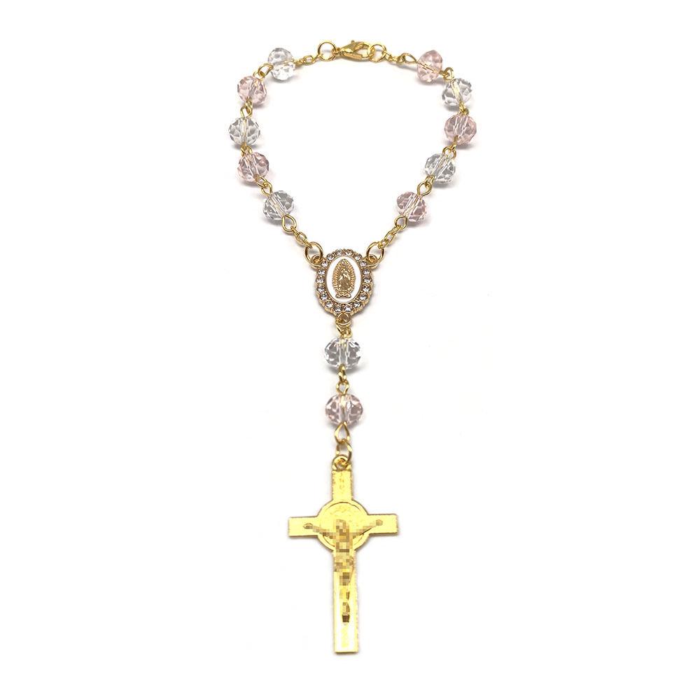Crystal Cross Rosary Bracelet & Car Ornament for Baptism & Christmas