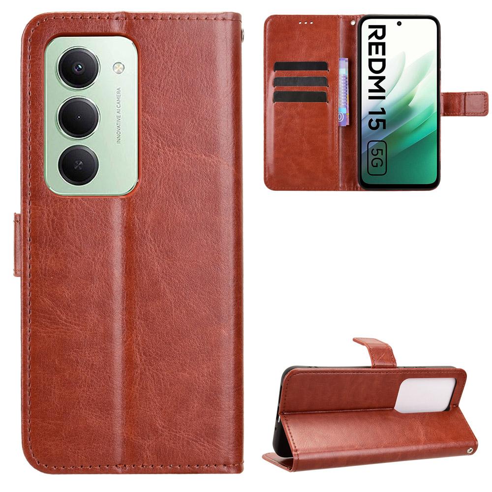 Pour Xiaomi Redmi 15 5G (Global) (169 mm) Étui en Cuir PU avec Lanière Texture Cheval Fou Housse Portefeuille pour Téléphone