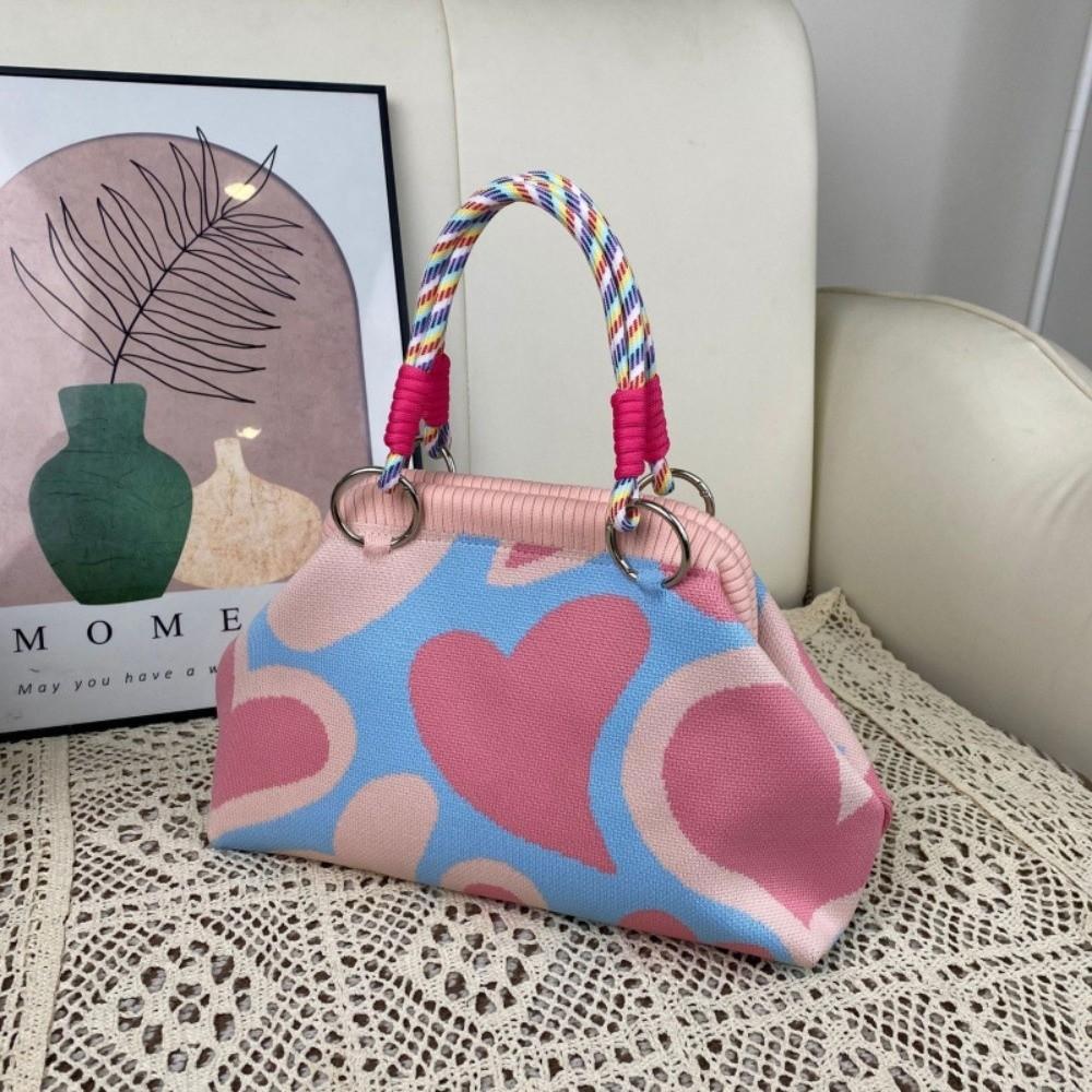 Colorful Print Top Handle Purse Knit Fabric Dumpling Shoulder Bag Cute Woven Handle Handbag  Work