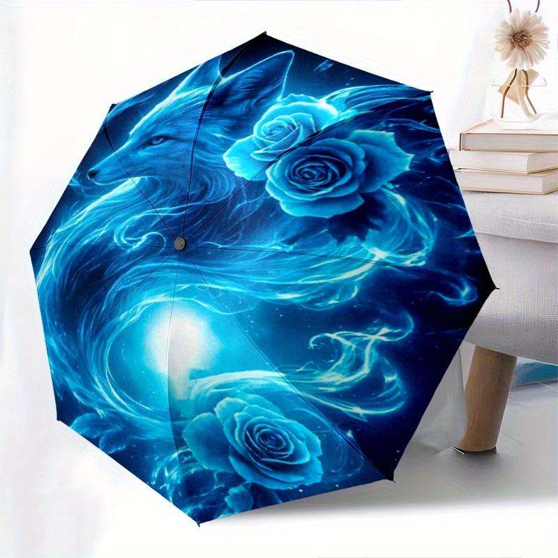 1pc Wolf and Roses Umbrella - Automatic Open/Close Compact Travel Umbrella with Wolf Howling & Blue Roses, Reinforced 8-Rib Fr