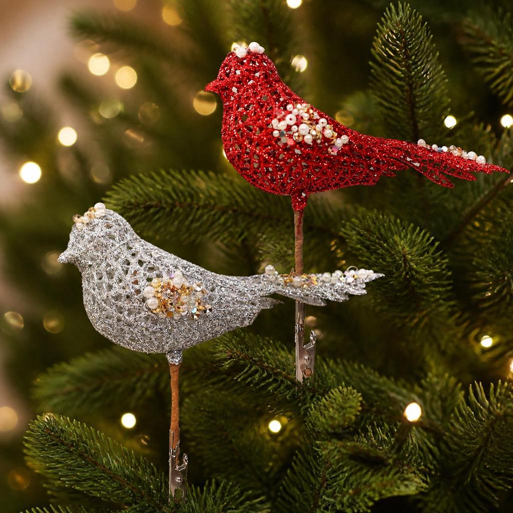 Glitter Bird Branch Inserts: Christmas Tree Ornaments & Scene Decorations