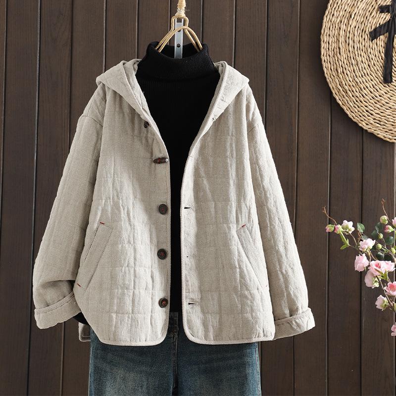 2025 Winter Damen Kapuzen-Steppjacke mit künstlerischem Karomuster und Hornknöpfen