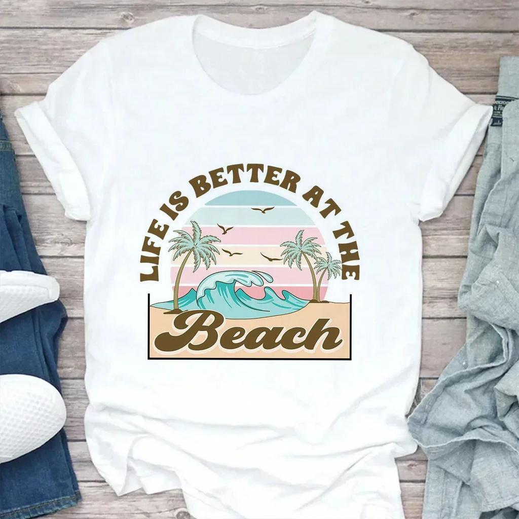 Fashion Women's T-shirt Summer Beach Print Cute Short Sleeve Ladies Fashion Casual Summer Women's T-shirt Graphic
