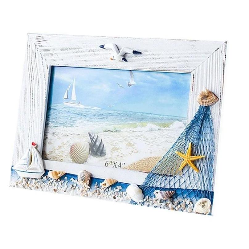1 Pc Mediterranean Style 6-inch Ocean Photo Frame Shell Starfish Wooden Photo Album Home Decoration Wooden Photo Frame Ornaments