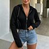 Women Waffle Textured Short Hooded Knit Double Zipper Cardigan Sweater Outerwear