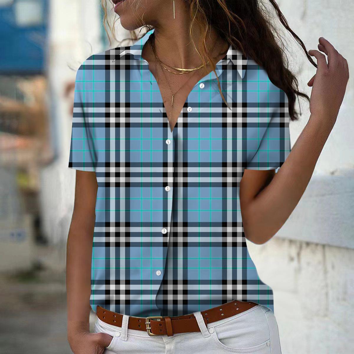 

2025 Summer New Fashion Women s Grid Pattern Printed Short Sleeve V-neck Casual Button-down Shirt Top XS синій