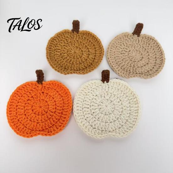 Crochet Pumpkin Cushion Handmade Coasters, Soft Polyester Coffee Mats, Decorative Fall Coasters Autumn Themed Farmhouse Dining Accessories for Kitchen