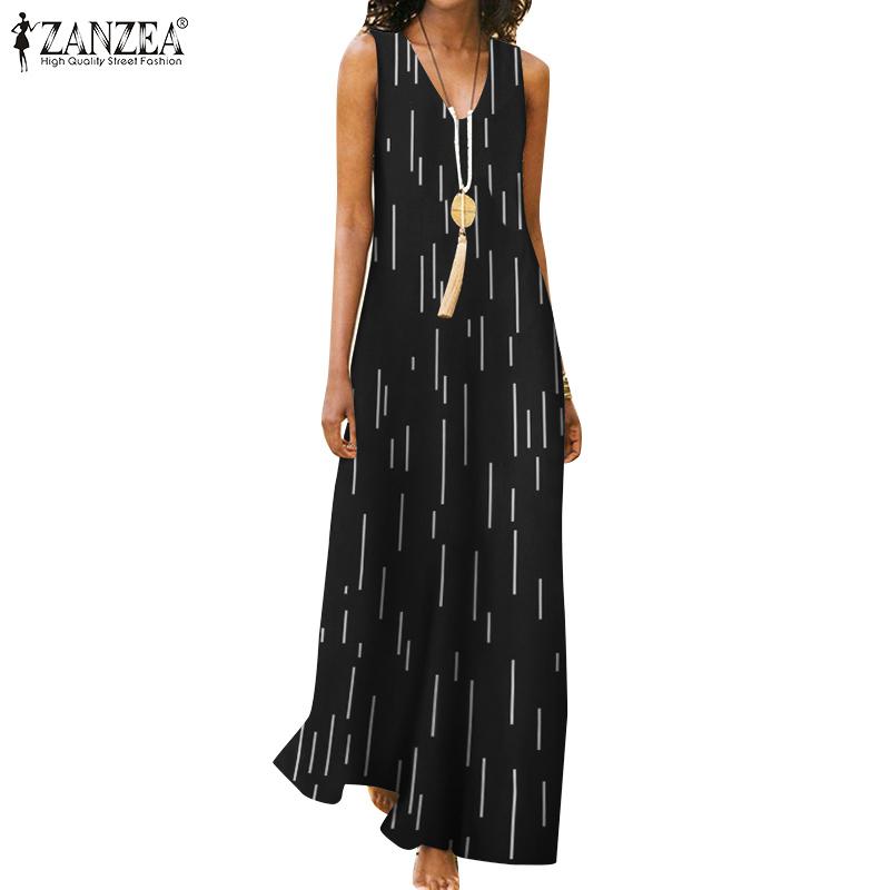 

ZANZEA Летнее платье Женское повседневное длинное платье без рукавов с v-образным вырезом