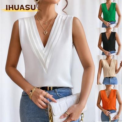 Damenmode, lässig, einfarbig, ärmellos, V-Ausschnitt, Blusen und Hemden