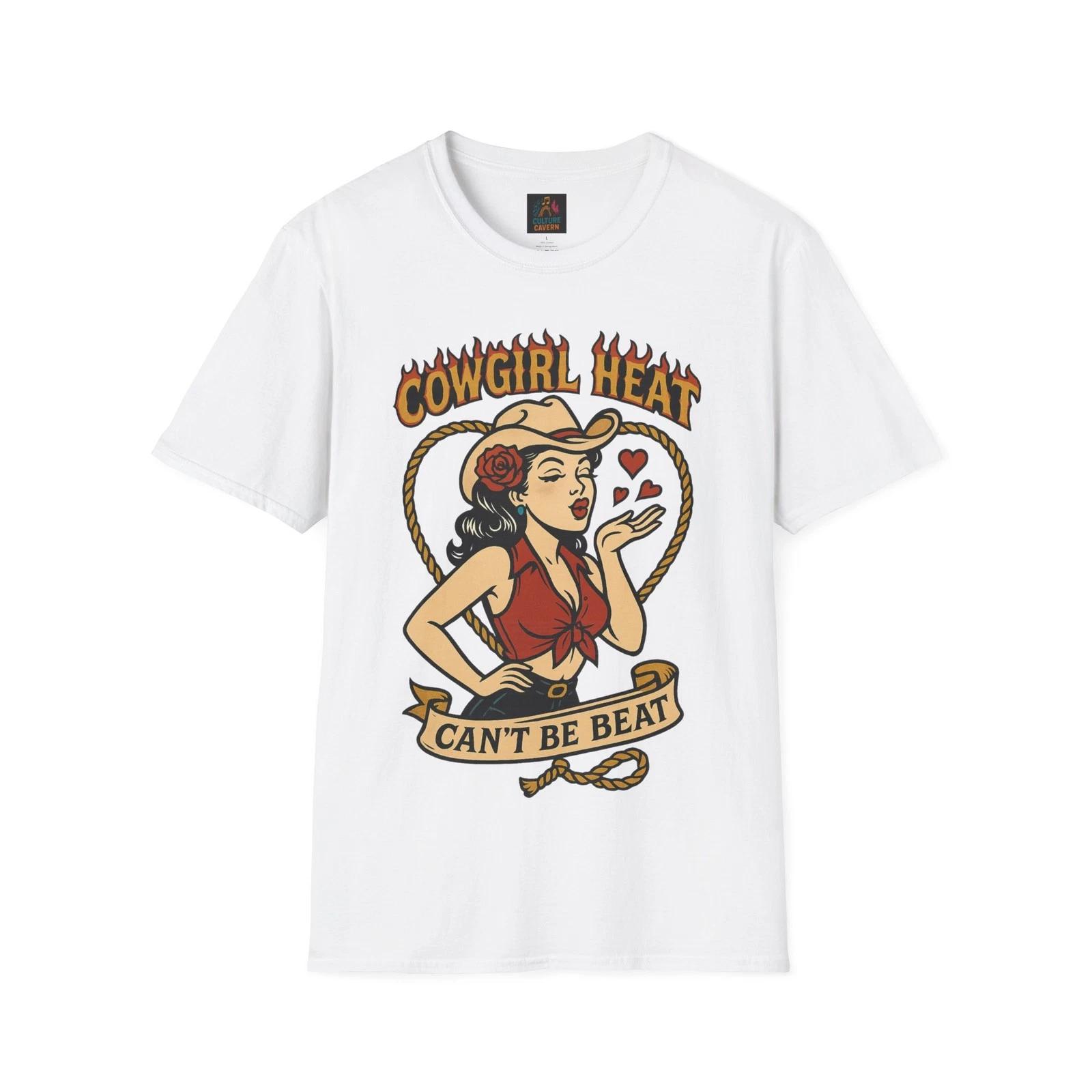 Cowgirl Heat Can’t be Beat Womens T-Shirt | Retro Graphic Tee, Western Apparel, XL