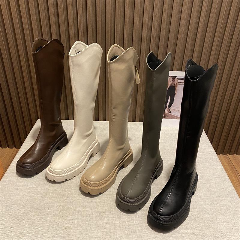 Women's autumn and winter new long boots, thick-soled long boots, high boots, women's middle heel but knee leather boots, velvet