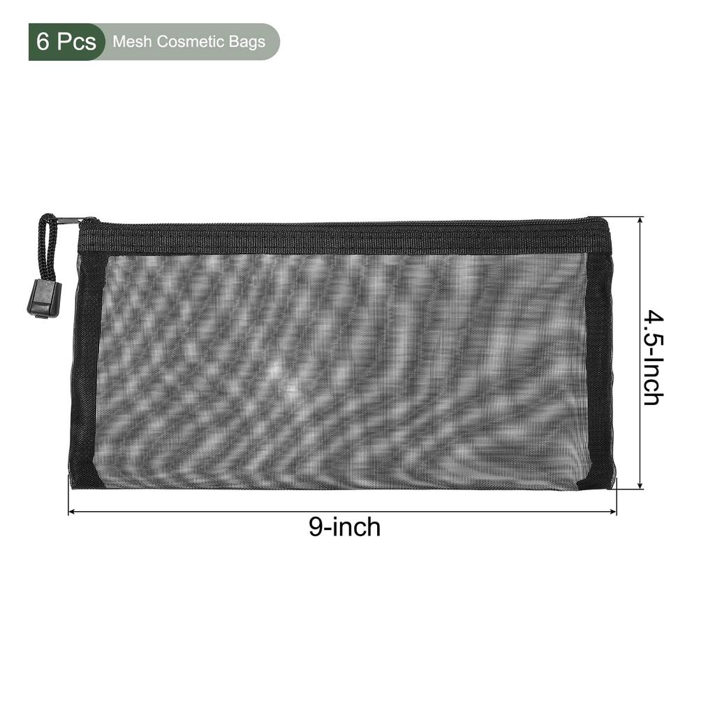 YOKIVE Mesh B6 Nylon Pencil Zipper Travel Makeup Pouch for Home Use Pack of 6 Bag, Case, Organizer, (Black),
