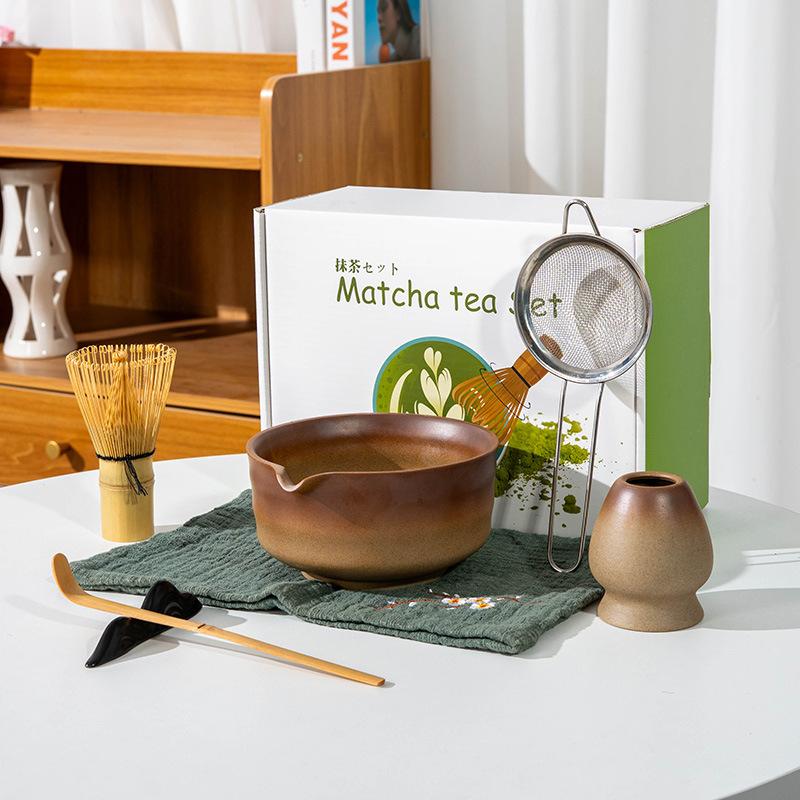 5-8pcs INS coarse pottery gradual change color tea stand matcha bowl set to order tea retro Matcha whisk set of tea tools