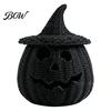 Halloween Pumpkin Figurine Faux Rattan Figurine, Black Resin Statue with Witch Unique Matte Hat, Rustic Wicker Tabletop Ornament for Party Home