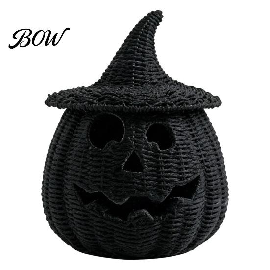 Halloween Pumpkin Figurine Faux Rattan Figurine, Black Resin Statue with Witch Unique Matte Hat, Rustic Wicker Tabletop Ornament for Party Home