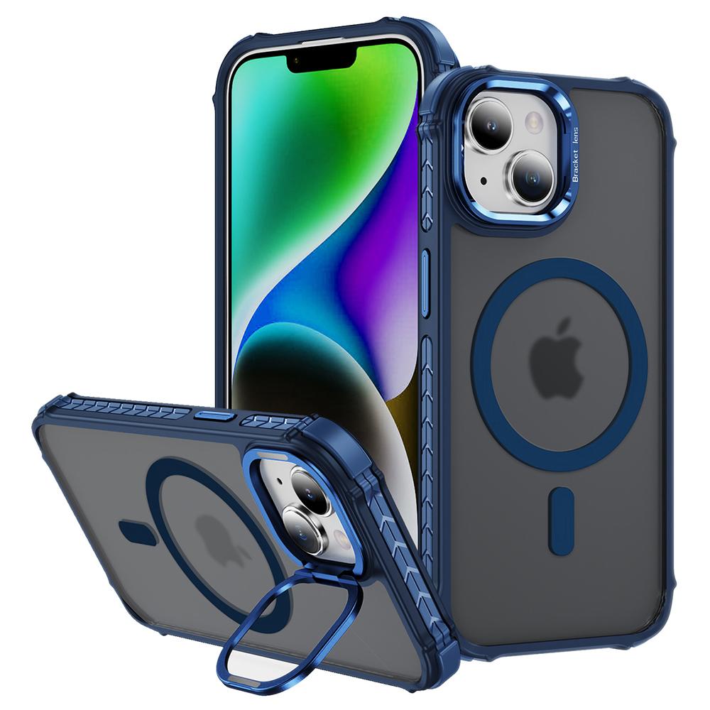 For iPhone 14 Case with Lens Kickstand Matte Back Cover Compatible with MagSafe