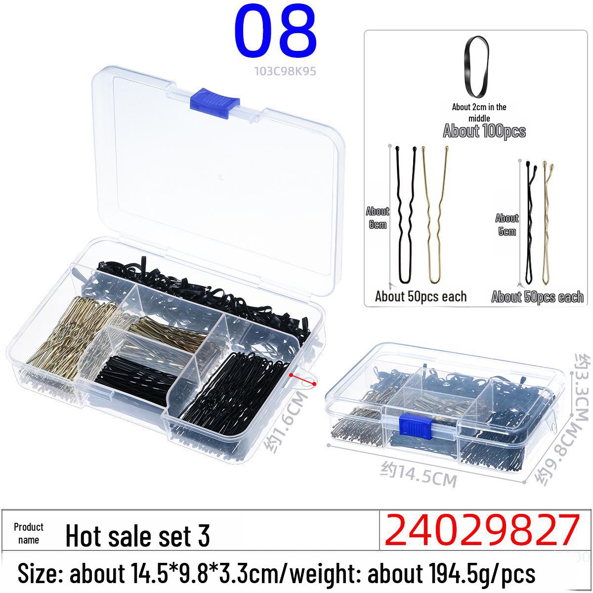 

Набір аксесуарів для волосся: Прямі затискачі, Різнокольорові гумки, U-подібні затискачі та Шпильки в коробці