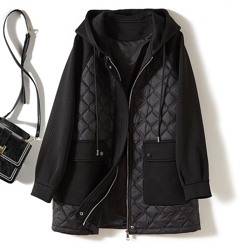 

Карго Элегантный женский худи с капюшоном, имитация двух частей, хлопковая куртка средней длины, хлопковая одежда, пальто на осень и зиму, новая куртка, верхняя одежда, стройнящая Black 4XL