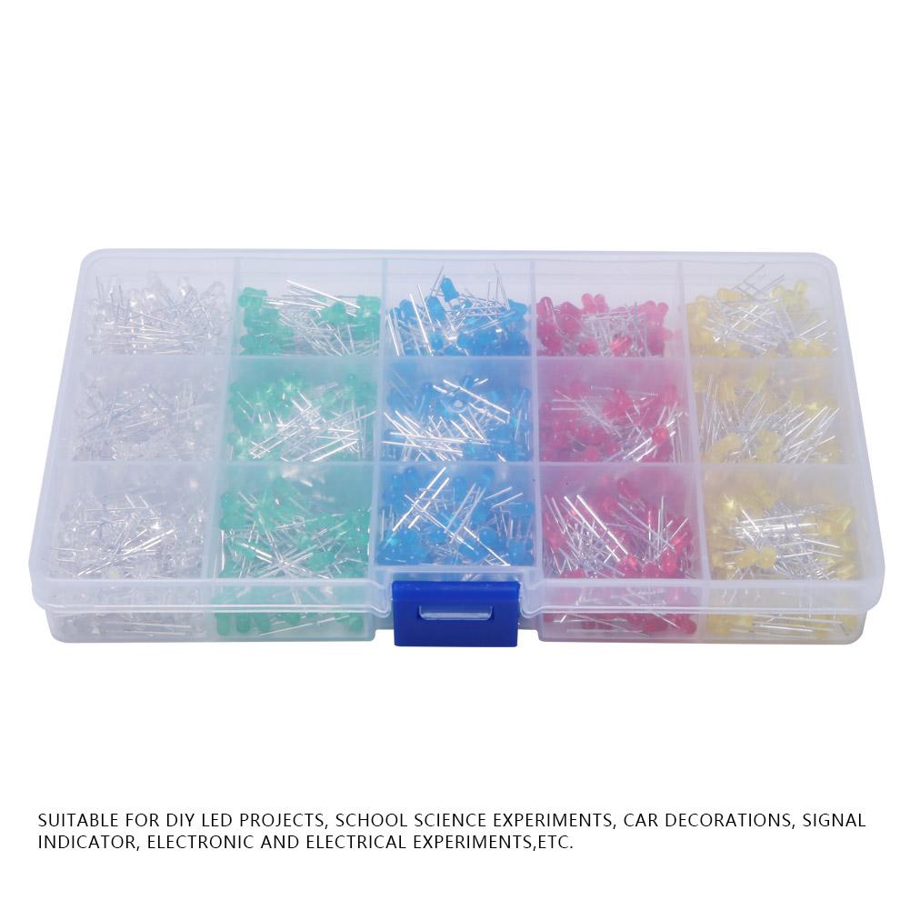 1000Pcs Assorted Color Red Yellow Blue Green White 3mm LED Light Emitting Diode Kit Box