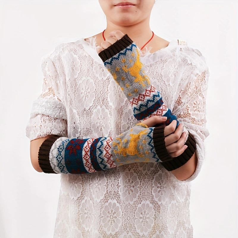 

WTEMPO 1 пара рождественских вязаных длинных перчаток до половины пальцев, зимние теплые жаккардовые нарукавники, морозостойкие ветрозащитные рукава 1 pair кофейный