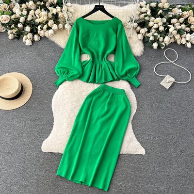 Costume tricoté pour femme, manches longues lanterne, taille élastique, haut pull + jupe moulante fendue, ensemble pull solide et élégant, automne