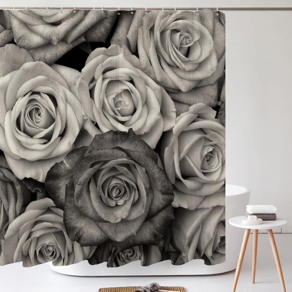 1Pcs Pink flower printing waterproof shower curtain,  Rose flowers wall bathroom decorative curtain with plastic hooks