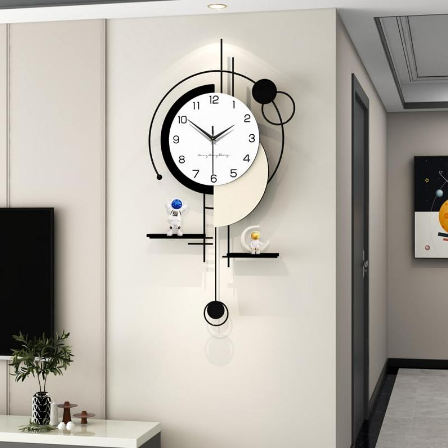 Large Modern Wall Clock Decorative for Living Room with Operated Non-Ticking Silent Metal Wall Clock In Black 10inch with Shelf