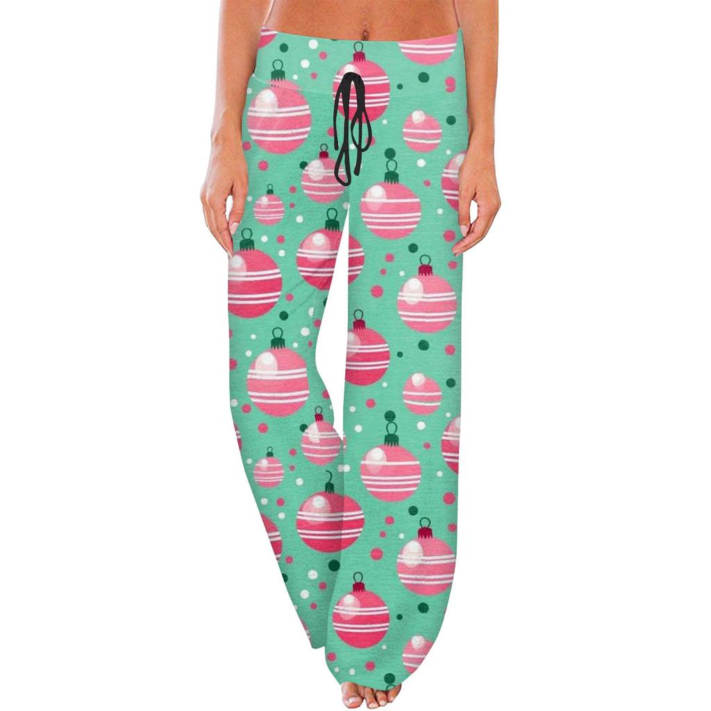 Women's Casual Fashion Comfort Pajama Pants Christmas Print Drawstring Wide Leg Pants