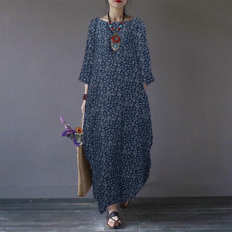 ZANZEA Women Floral Print Casual Round Neck 3/4 Sleeve Cotton Dress