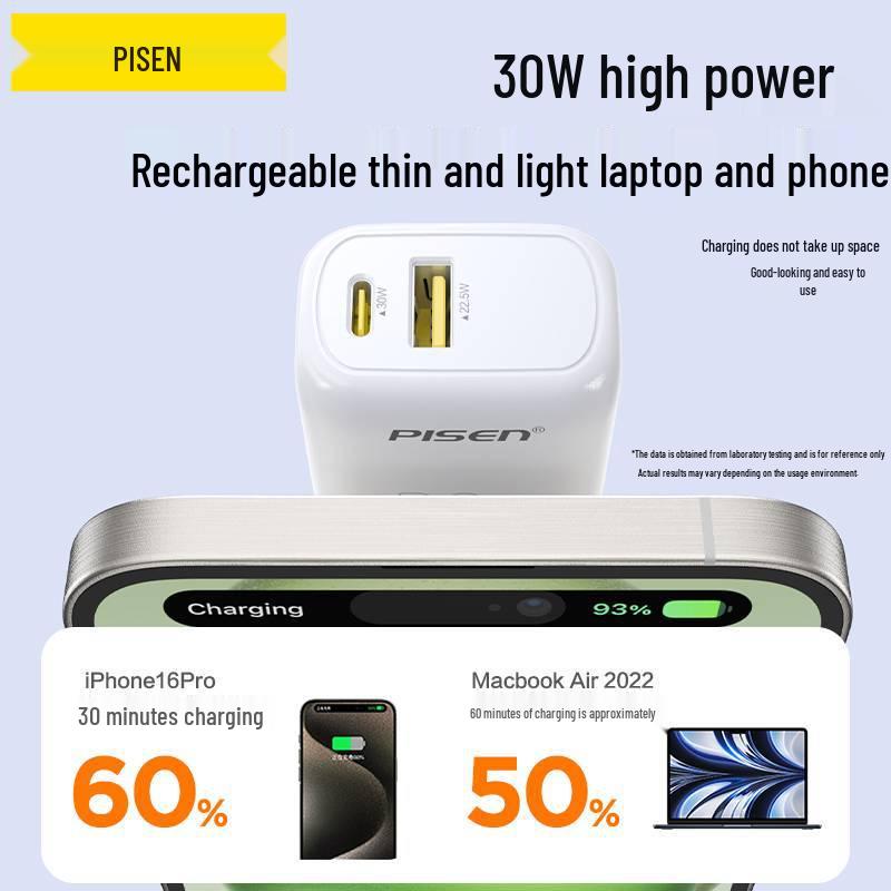 PISEN 30W GaN Fast Charger Kit for Apple & Android, Dual-Port Plug, New Model