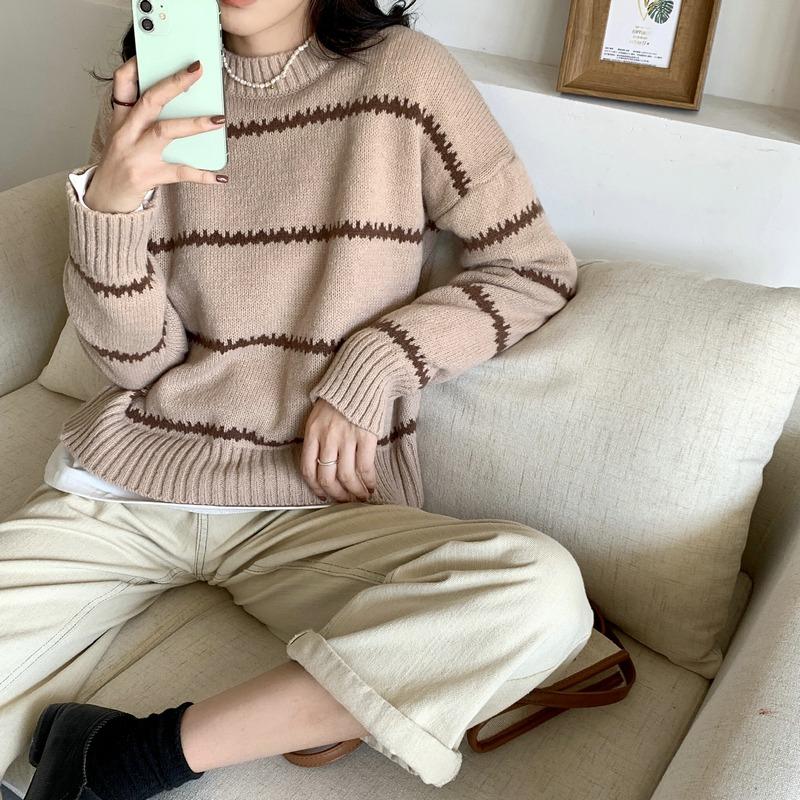 Korean Style Crew Neck Pullover Stripes Women's Sweater Autumn Winter Fashion New Casual Loose Long Sleeved Knitted Tops Office Lady Elegant Clothing